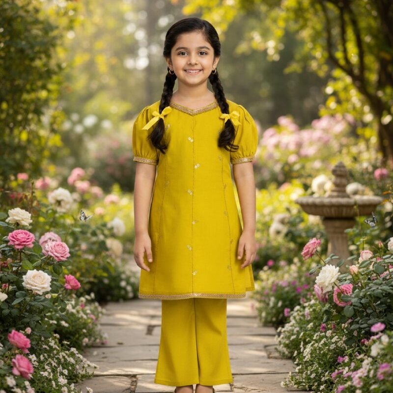 Golden Glow 2-Piece Airline Frock-Styled Shirt & Bell-bottom - GOGL-2PC-FB